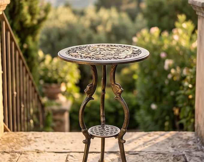 Antique Cast Iron Flower Table: Bronze Gold Victorian Floral Design, Garden Balcony Side Table