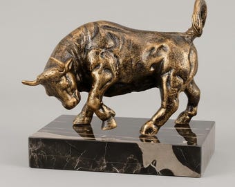 A Cast Iron Bull Mounted On Marble Base 18 cm