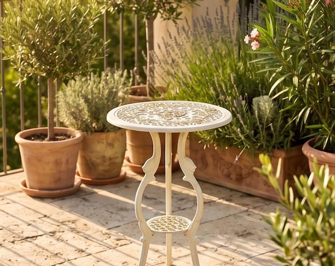 Antique Cast Iron Side Table: White Gold Floral Garden Balcony Furniture