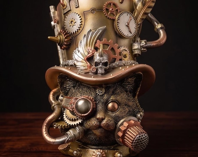 Steampunk Cat Head Figurine with Top Hat – 21 cm Polyresin Statue Decor
