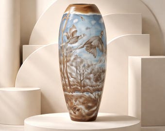 Glass Vase in the Style of Émile Gallé Winter Landscape with Geese 45cm