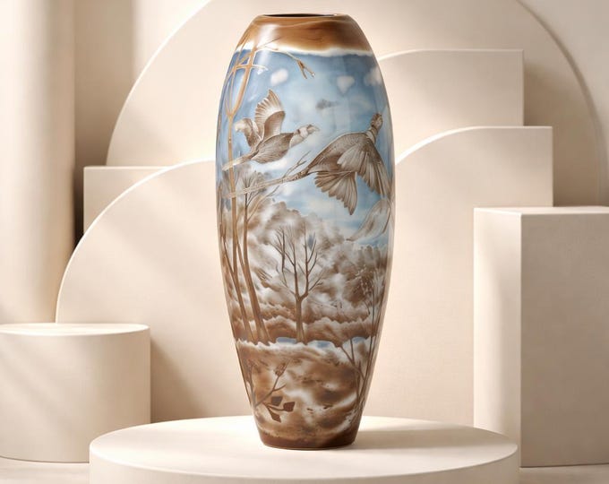 Glass Vase in the Style of Émile Gallé Winter Landscape with Geese 45cm