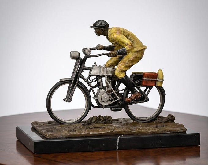 Bronze Motorcycle Rider Sculpture – Viennese Bronze Biker Figurine, Marble Base Art