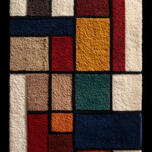 Könnte beinhalten: Ein rechteckiger, getufteter Wandbehang mit einem geometrischen Raster aus cremefarbenen, dunkelbraunen, marineblauen, beigen, roten, gelben, blaugrünen und orangefarbenen Blöcken, die durch dünne schwarze Linien getrennt sind. Die Oberfläche ist texturiert.