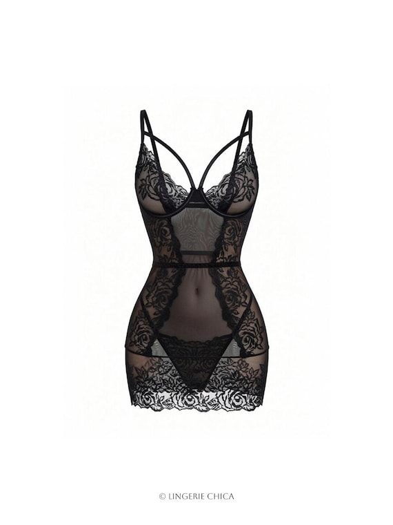 black undergarment for sheer dress Lace Lingerie Set, Mesh Embroidery Underwire Bra, Transparent Nightwear Set Women, Boudoir Outfit Size:33W / L / 50 EUR Confident Ruched Corset Mini double slit dress black