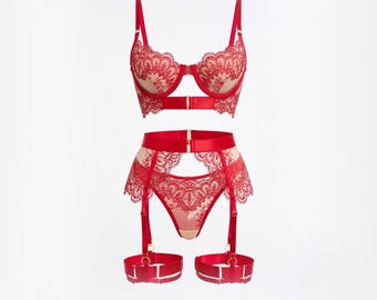 Red Embroidered Lace Lingerie Set, Underwire Bra, Garter Belt, Bridal Honeymoon