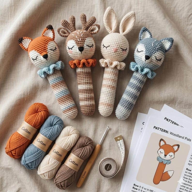 South Rattle Design Crochet Woodland Baby Rattle Pattern – Fox, Bunny, Deer Amigurumi Toy ...