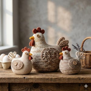 Könnte beinhalten: Drei gestrickte Hühnerfiguren in verschiedenen Größen sitzen auf einem Holztisch. Die Hühner sind hauptsächlich beige und braun, mit roten Kämmen und gelben Schnäbeln. Jedes Huhn hat ein Knopfauge. Ein Korb und ein Eierkarton befinden sich im Hintergrund.