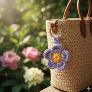 May include: A woven beige tote bag with brown leather handles and accents. A purple and yellow crochet flower keychain hangs from a silver ring attached to the bag. Pink and white flowers are in the background.