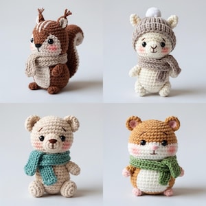 May include: Four crocheted animal figures: a squirrel, a llama, a bear, and a hamster. Each animal is wearing a scarf or hat. The squirrel is brown and tan with a beige scarf. The llama is white with a gray hat and scarf. The bear is beige with a teal scarf. The hamster is brown and white with a green scarf.