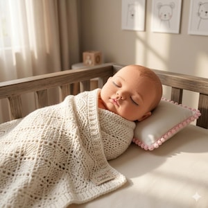 May include: A baby sleeps peacefully in a wooden cot, swaddled in a cream-coloured, crocheted blanket. The blanket features a diamond pattern and a tag reading "Crochet Cuddles". The baby rests on a white pillow with pink pom-pom trim.