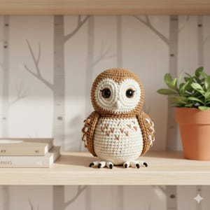 May include: A handcrafted crochet owl figurine in shades of brown and cream. The owl has large, expressive eyes and detailed feather patterns. It is displayed on a wooden shelf with books and a potted plant, creating a cozy, decorative scene.