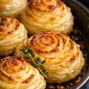 Puede incluir: Primer plano de varias pilas de patatas doradas en espiral en una sartén oscura. Las pilas de patatas están adornadas con ramitas de hierbas verdes frescas. El plato parece recién horneado.