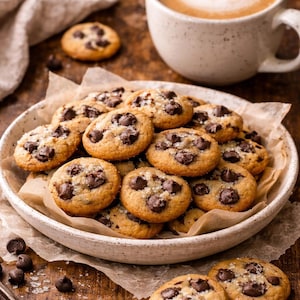Puede incluir: Un plato de galletas con chispas de chocolate recién horneadas, espolvoreadas con sal gruesa, sobre una superficie de madera. Una taza de café con arte latte en el fondo. Las galletas son doradas con chispas de chocolate negro.