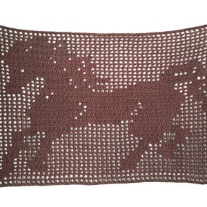 May include: A brown crocheted rectangular blanket featuring a horse silhouette. The open weave design allows the white background to show through, creating a contrasting effect. The horse is depicted in a running pose.