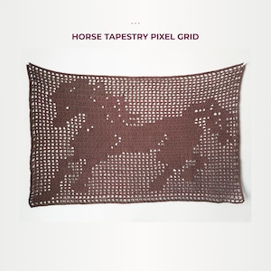 May include: A brown crocheted tapestry with a horse design. The tapestry is rectangular and features a pixel grid pattern. The text "HORSE TAPESTRY PIXEL GRID" is at the top of the image.