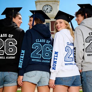 Aangepaste hoodie schoolverlaters, gepersonaliseerde hoodies uit 2026, klassenamen afstudeertrui, hoodie colleges clubs, afscheidscadeau college