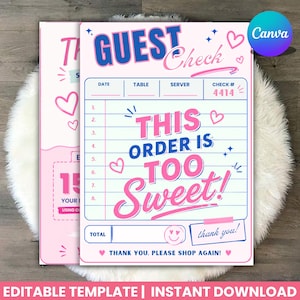 This Order Is Too Sweet Guest Check Template, Digital Thank You Card, Small Business Packaging, DIY Canva Editable