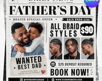 Father’s Day Booking Flyer Template, Father’s Day Braids Special Flyer,Barber & Hair Stylist Canva Editable Flyer