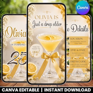 May include: Three digital smartphone screens displaying a customizable birthday invitation template with a gold and white color scheme. The design features a martini glass filled with yellow liquid, decorated with a gold ribbon, lemon slices, and text.