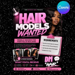 Può includere: Un volantino promozionale con sfondo nero e accenti rosa, che pubblicizza la ricerca di modelle per capelli. Il volantino presenta il testo "HAIR MODELS WANTED" e include una foto di una donna con lunghi capelli ondulati. Sono elencati anche i requisiti e le informazioni di contatto.