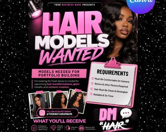 Modèle de Flyer de recherche de modèles de cheveux, Flyer modifiable de coiffeur en toile, modèle d'appel de modèle à tissage rapide, publication d'Instagram de salon de beauté