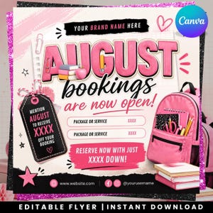 Flyer editável para agendamento em agosto | Agendamentos para salão de cabelo, cílios, unhas e estética | Agendamento de cabelo | Agendamento de salão de beleza