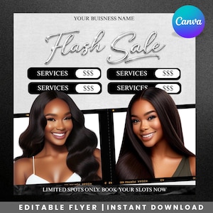 Può includere: Un volantino promozionale con la scritta "Flash Sale" in argento. Il volantino presenta due donne sorridenti con lunghi capelli scuri. Il volantino include la scritta "Services" e "Limited Spots Only. Book Your Slots Now."