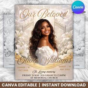 May include: A memorial announcement with the text "Honoring the Life of Our Beloved Olivia Williams." The design features a portrait of a smiling woman, white flowers, and doves. The text includes dates, times, and location details.