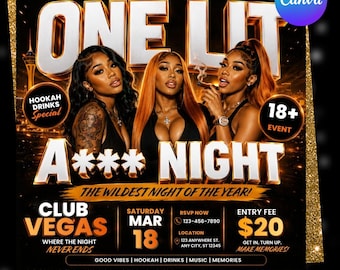 One Lit Night Party Flyer Template, Adult Birthday Flyer, Magazine Style Club Event Invite, Editable Photoshop