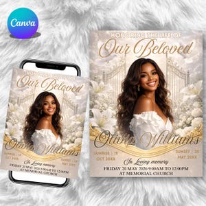 Beige and Gold Funeral Program Template, Elegant Obituary Program, DIY Canva Template, Printable Memorial Booklet, Instant Download