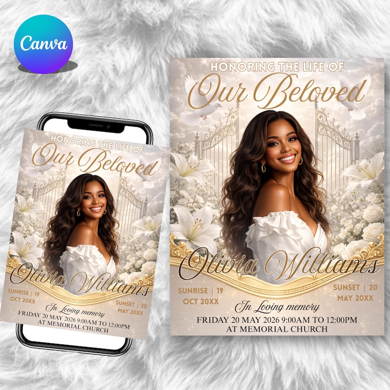 Beige and Gold Funeral Program Template, Elegant Obituary Program, DIY Canva Template, Printable Memorial Booklet, Instant Download