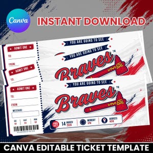 Baseball Ticket Template, Editable Braves Game Ticket, Red & Navy Sports Party Invite, Digital Ticket Canva