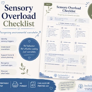 Könnte beinhalten: Eine Checkliste für sensorische Überlastung mit Abschnitten für Geräusche, Anblicke, Gerüche, Berührungen, Bewegung und Emotionen. Das druckbare PDF enthält Kontrollkästchen zur Identifizierung von Auslösern und Anzeichen von Überforderung.