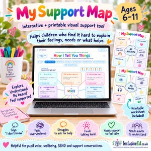 Puede incluir: Una herramienta de apoyo interactiva digital titulada My Support Map en una pantalla de portátil, con secciones para expresar sentimientos y necesidades. Incluye una taza blanca con un arcoíris, un cuaderno rosa y dos hojas de trabajo imprimibles.