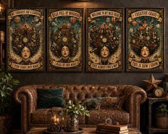 Vintage Steampunk Circus Wall Art Set of 4, Maximalist Printable Digital Download