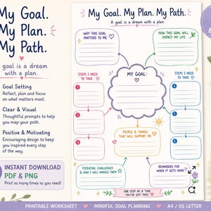 May include: A printable goal planning worksheet titled My Goal. My Plan. My Path. featuring a central cloud-shaped box for a goal, surrounded by colorful sections for steps, challenges, support systems, and reflections with prompts and icons.