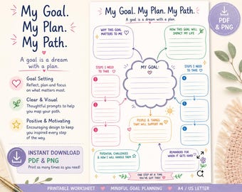 Goal Setting Worksheet: My Goal, Plan, Path (PDF & PNG)