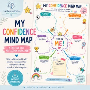 May include: A colorful My Confidence Mind Map worksheet featuring a central cloud labeled This Is Me surrounded by prompts for activities, proud moments, self-love, traits, and goals. The page includes illustrations of a soccer ball, trophy, and rainbow.