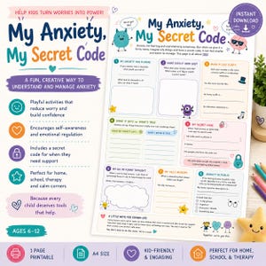 Könnte beinhalten: Ein druckbares Arbeitsblatt mit dem Titel My Anxiety, My Secret Code, das acht nummerierte Abschnitte mit Aufforderungen für Kinder zur Erkundung von Emotionen enthält. Die Seite zeigt bunte Illustrationen von Zeichentrickfiguren, Sternen und Herzen.