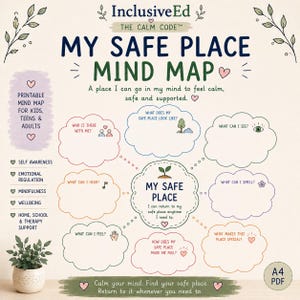 Op de afbeelding: Een printbare A4 PDF mindmap getiteld My Safe Place Mind Map van InclusiveEd. De afbeelding bevat een centrale wolk met het label My Safe Place, omringd door acht kleinere wolken met prompts zoals What can I see, hear, smell en feel.