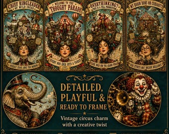 Whimsical Steampunk Circus Wall Art Set of 4, Quirky Maximalist Printable Digital Download
