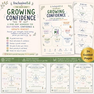 May include: A mind map workbook titled Growing Confidence featuring 24 guided pages for self-esteem and growth mindset. The cover displays the text This Is Me with various prompts. Includes multiple printable worksheets with sections for goals, grit, and self-esteem.