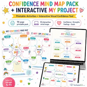 May include: A Confidence Mind Map Pack and Interactive My Project set featuring a 14-page printable pack, 8 interactive mind maps, and worksheets with colorful graphics, stars, hearts, and text including My Confidence Mind Map and I'm Good At.