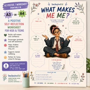 Puede incluir: Una hoja de trabajo de autorreflexión titulada What Makes Me Me? con una ilustración central de una persona con gafas y diadema sentada con las piernas cruzadas. La página incluye varios avisos, áreas de escritura en forma de nube y detalles florales.