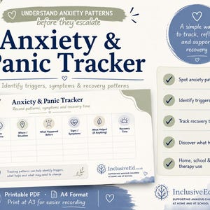 May include: An Anxiety & Panic Tracker printable PDF in A4 format. The document features a table with columns for date, time, location, triggers, symptoms, and recovery time. It includes the text 'Understand Anxiety Patterns' and 'InclusiveEd.co.uk'.