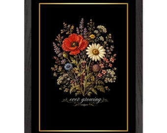 Vintage Botanical Wildflower Art Print, Dark Cottagecore Framed Floral Wall Art