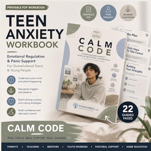 Op de afbeelding: Een werkboek getiteld "Teen Anxiety Workbook" met de ondertitel "Emotional Regulation & Panic Support". De cover toont de titel "Calm Code" en een foto van een jonge persoon. Het werkboek is ontworpen voor tieners en jongeren.