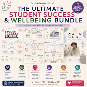 May include: A digital bundle titled The Ultimate Student Success & Wellbeing Bundle featuring four educational programs. It includes The Student Success Toolkit, The Confidence & Life Change Workbook, The Mind Map Recovery Programme, and Calm Code.