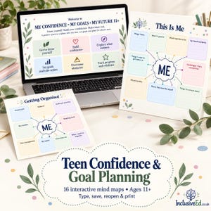 Könnte beinhalten: Ein Laptop mit einem digitalen Planer namens My Confidence, My Goals, My Future 11+ sowie zwei ausgedruckte Arbeitsblätter mit den Titeln This Is Me und Getting Organised, die farbenfrohe Mindmaps zur Zielsetzung und Selbstreflexion zeigen.